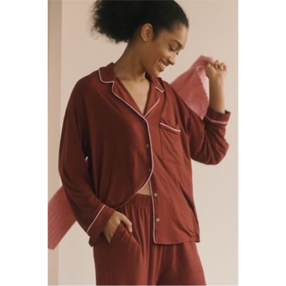 Anthropologie Briar Piped Pajama Shirt Berry Pink Modal Long Sleeve Lounge Top